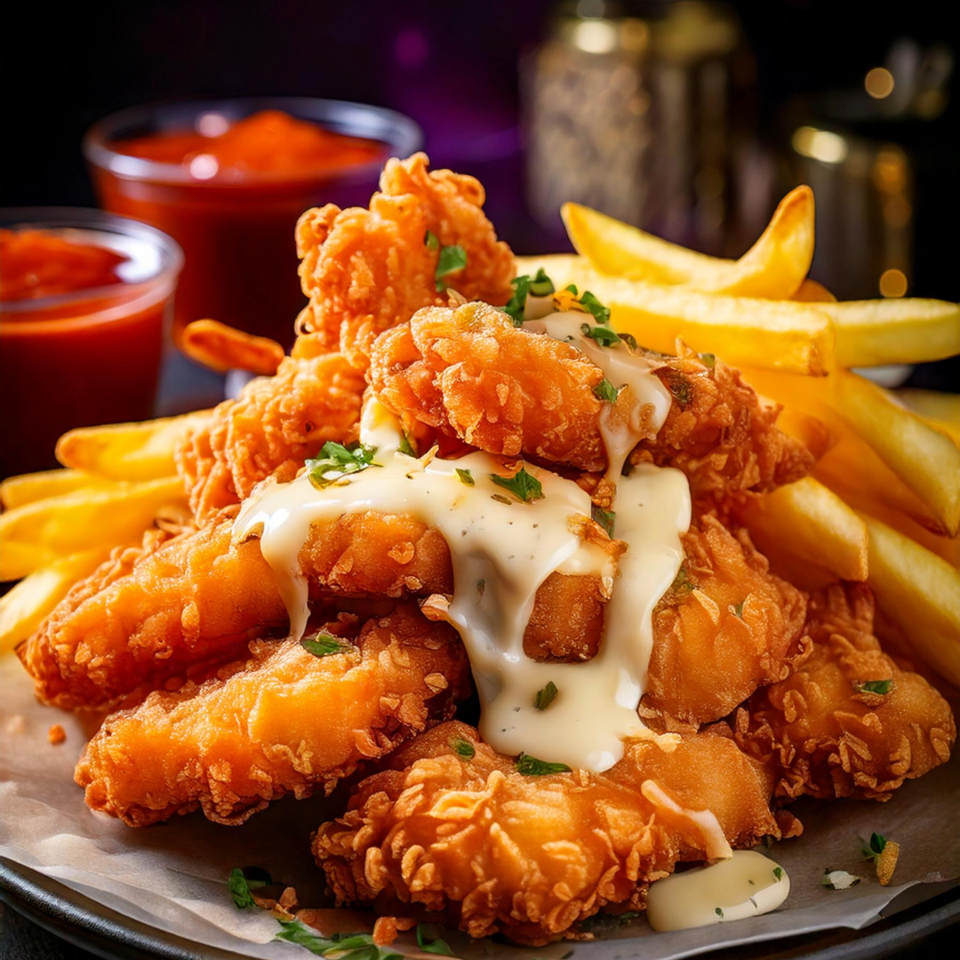 Chicken strips, served with white gravy and a side of french fries